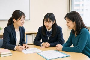 講師と保護者と高校生が学習計画について話し合う三者面談の様子
